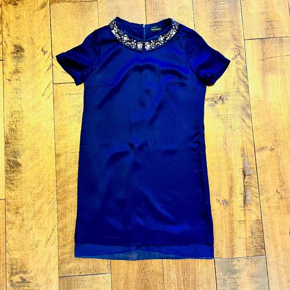 Club Monaco Silk Navy Blue Short Sleeve Mini Dress with Statement Collar - Picture 9 of 12